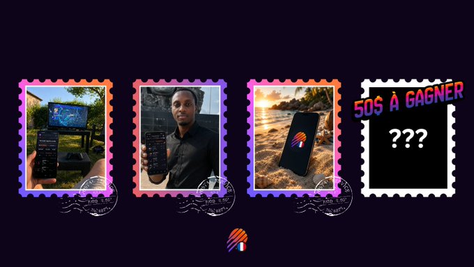 A promotional graphic with four postage stamp-style frames showing trading screenshots, a person holding a phone, a beach scene, and a mystery frame labeled '50$ À GAGNER ???' (50$ to win).