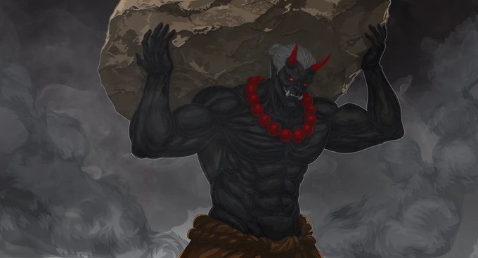 A dark, digital illustration shows a muscular, monstrous figure with red horns, glowing red eyes, and a necklace of large red beads, lifting a massive rock above his head against a cloudy background.