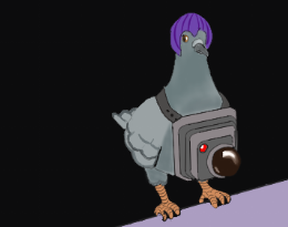 A pixel art illustration of a pigeon with purple hair wearing a backpack, standing on a purple surface against a black background.
