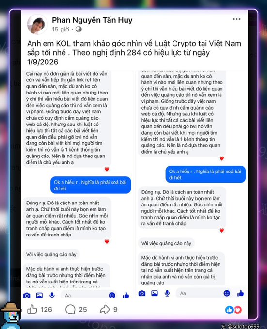 A Facebook post by Phan Nguyễn Tấn Huy discussing Vietnamese Crypto law (Nghị định 284) and whether crypto is considered property ('tài sản') or just a link/link for reference ('link ref').