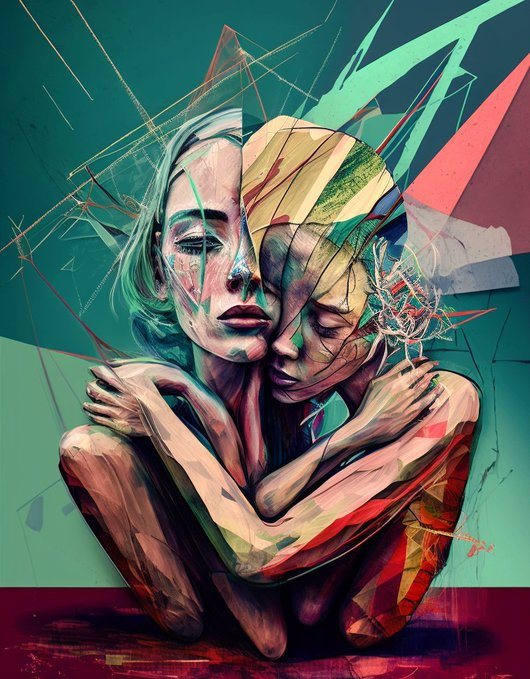 A vibrant painting of two figures embracing, with one face rendered in solid tones and the other deconstructed into fragmented geometric shapes against a teal background.