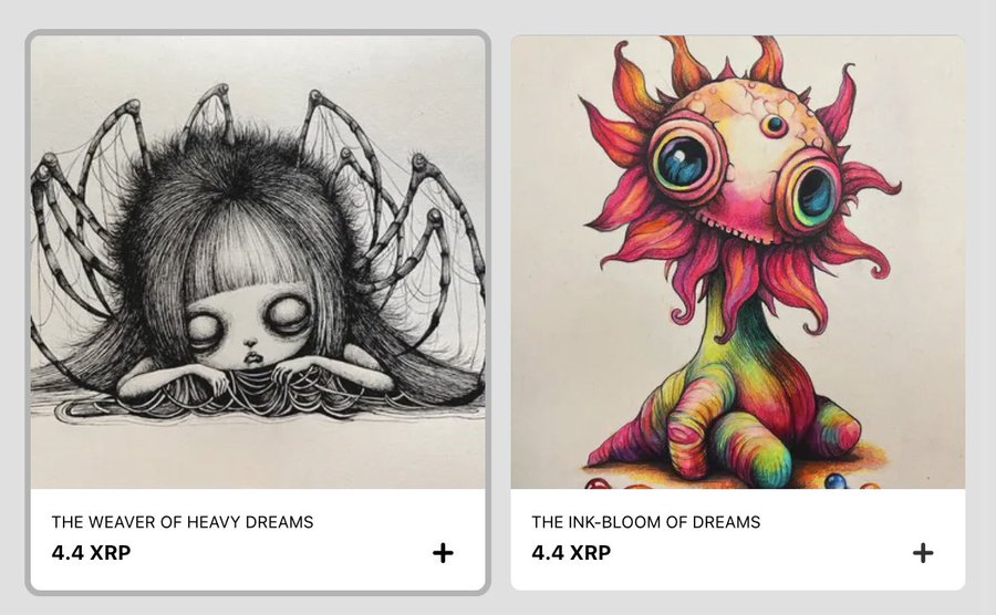 Two digital art collectibles for sale at 4.4 XRP each: 'The Weaver of Heavy Dreams' showing a black-and-white gothic spider-girl illustration, and 'The Ink-Bloom of Dreams' showing a colorful whimsical creature.