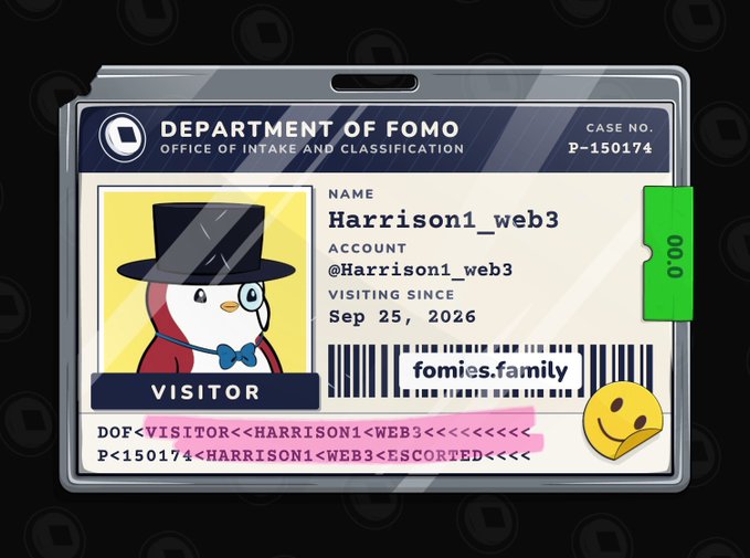 A digital ID card graphic from the 'Department of Fomo' for 'Harrison1_web3', classifying them as a 'VISITOR' with account @Harrison1_web3, visiting since 'Sep 25, 2026', and featuring a penguin character in a top hat.
