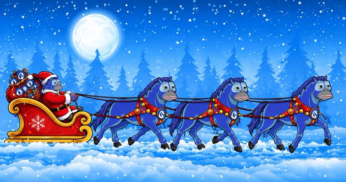 An illustration depicts Santa Claus riding a sleigh pulled by four purple horses through a snowy winter landscape at night under a full moon.