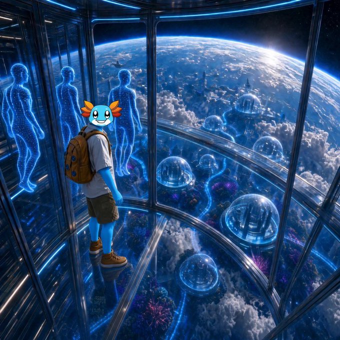 A blue axolotl mascot character with a backpack and shorts stands inside a futuristic glass observation deck overlooking Earth from space, surrounded by holographic figures and glowing underwater domes.