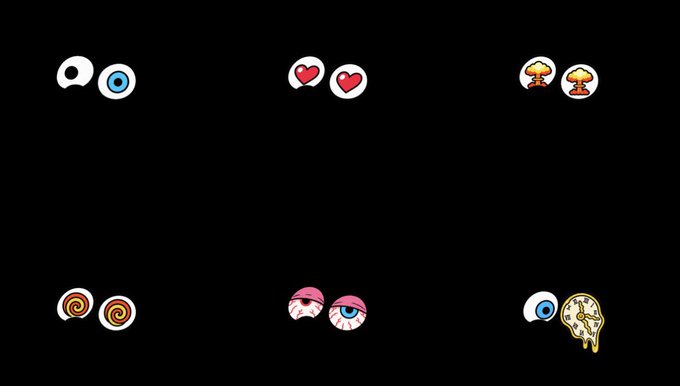 A black background displaying pairs of cartoon eye emojis arranged in two rows, including heart eyes, dizzy eyes, and melting eyes.