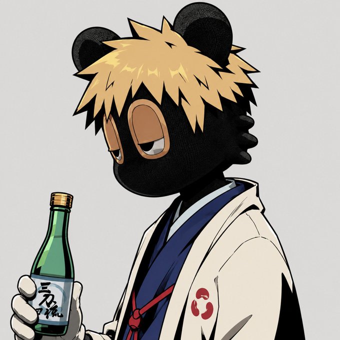 An anime-style illustration shows a character with a black, animal-like mask featuring large round eyes, blonde spiky hair, and round black ears, wearing a white kimono over a blue inner robe. They are holding a green bottle with Japanese text on the label.
