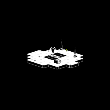 A 3D isometric rendering of a small lunar lander module on a dark gray background.
