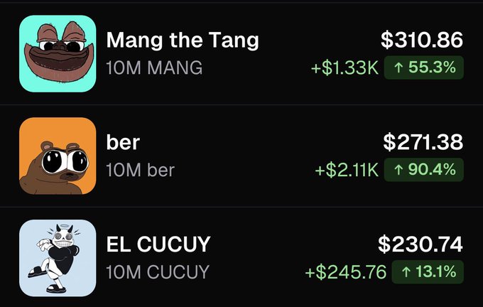 A cryptocurrency portfolio screen showing three tokens: 'Mang the Tang' at $310.86 (+55.3%), 'ber' at $271.38 (+90.4%), and 'EL CUCUY' at $230.74 (+13.1%).