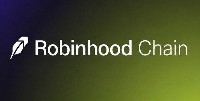 The Robinhood Chain logo displayed in white text alongside its feathered icon against a blue and green gradient background.
