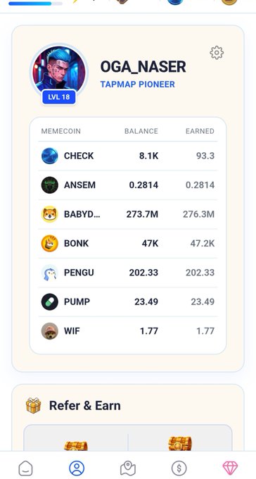 A screenshot of the TapMap Pioneer profile for user "OGA_NASER" (Level 18), showcasing their memecoin portfolio with balances including CHECK (8.1K), ANSEM (0.2814), BABYDOGE (273.7M), BONK (47K), PENGU (202.33), PUMP (23.49), and WIF (1.77). The image serves as promotional proof of the platform's features, aligning with the post's call to join TapMap via the referral link.