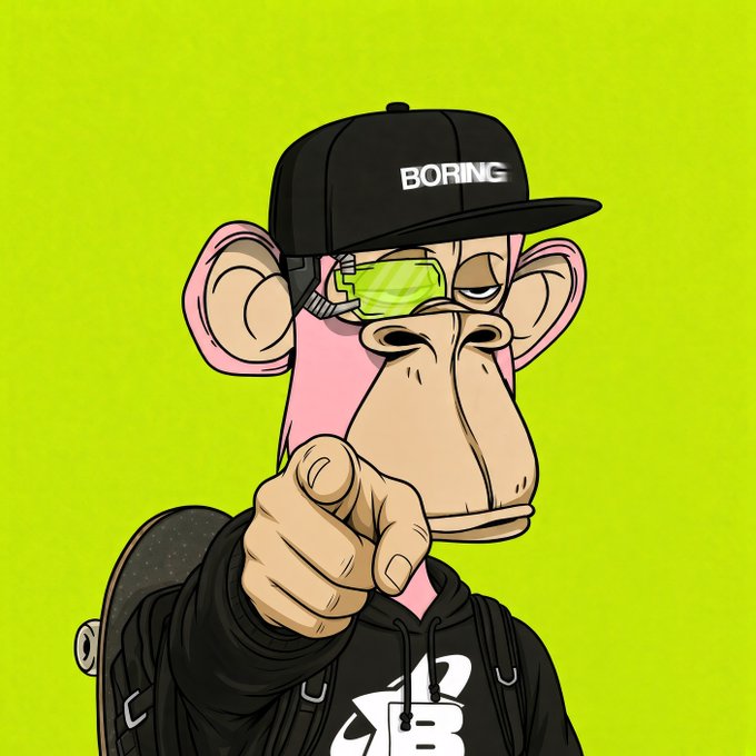 A cartoon illustration of a pink monkey wearing a black cap labeled 'BORING', green sunglasses, and a black hoodie, pointing directly at the viewer.