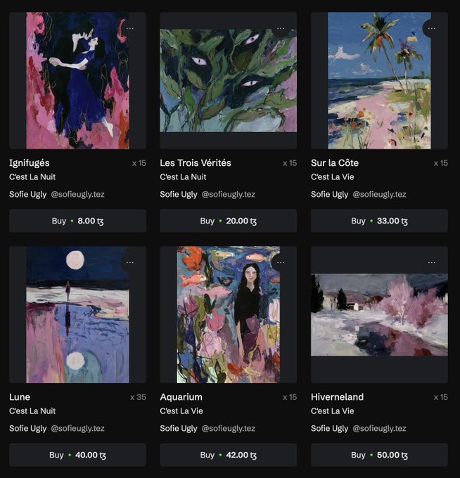 Screenshot of an NFT marketplace displaying six digital paintings by Sofie Ugly (@sofieugly.tecz), titled with French names like 'Ignifugés', 'Les Trois Vérités', 'Sur la Côte', 'Lune', 'Aquarium', and 'Hiverneland', priced in tez (8 to 50 tz).