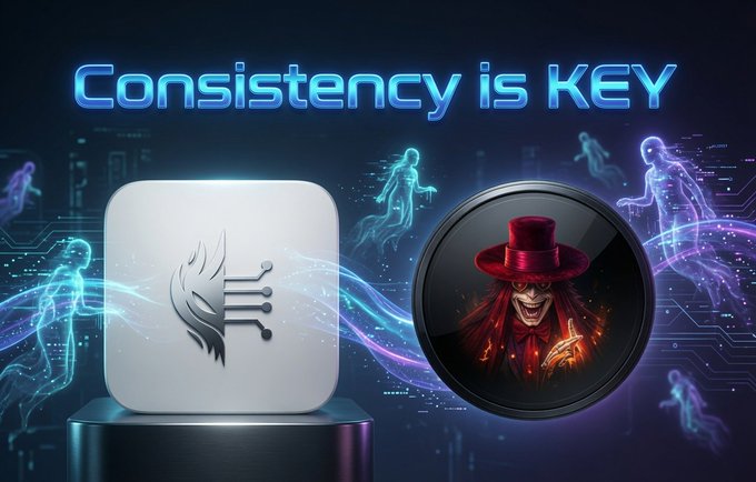 The image displays the text "Consistency is KEY" in glowing blue letters at the top, alongside two prominent icons: a white winged emblem on a cube and a dark circular badge featuring a menacing figure in a red top hat. These visual elements celebrate the $SPECTRE project's milestone of reaching 8k posts, reinforcing the post's message that consistency is what sets enduring AI-native projects apart.