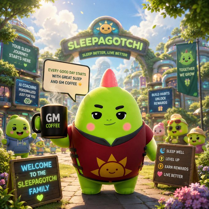 The image features a cartoon character, likely a green monster or robot, standing next to a sign with text promoting sleep better and coffee. The character appears to be holding a cup of coffee while wearing a red shirt. In addition to this, there are several other smaller characters in the background, possibly representing different aspects of the sleep better and coffee theme.