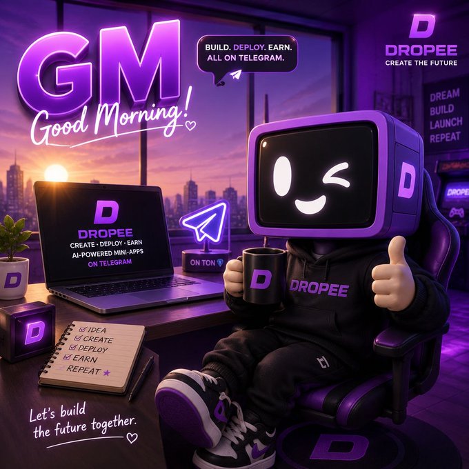 A purple robot with a smiling face and thumbs up sits on a desk, accompanied by a laptop, notebook, and plant, with the text "GTM" and "Good morning!" above it.