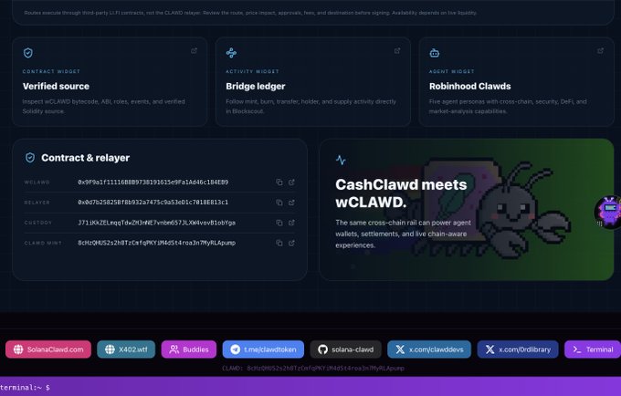 A dark-themed cryptocurrency website displaying contract addresses, widgets for 'Bridge ledger' and 'Robinhood Clawds', and a 'CashClawd meets wCLAWD' section, with social links for SolanaClawrd and others.