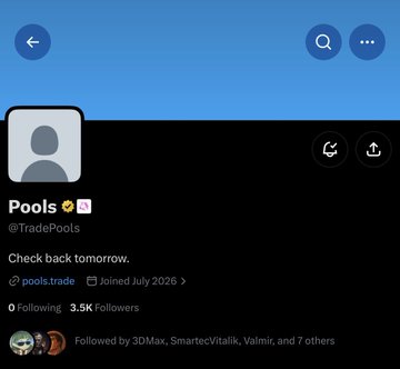A Twitter/X profile page for 'Pools' (@TradePools) showing 'Check back tomorrow' with 3.5K followers, followed by 30Max, SmartectVitalik, Valmiri, and others.