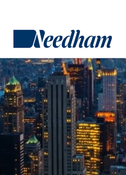 The image shows the Needham financial firm's logo above a nighttime cityscape. The accompanying text discusses Needham's analysis of a Bitcoin rebound and current market sentiment, suggesting the firm's investment research division has provided this crypto market commentary.