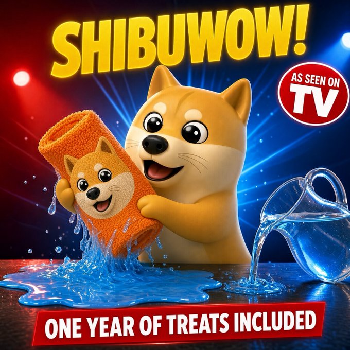 A humorous meme advertisement shows a 3D Shiba Inu character holding a wet orange dog towel, with bold text 'SHIBUWOW!' and 'ONE YEAR OF TREATS INCLUDED', plus an 'AS SEEN ON TV' badge.