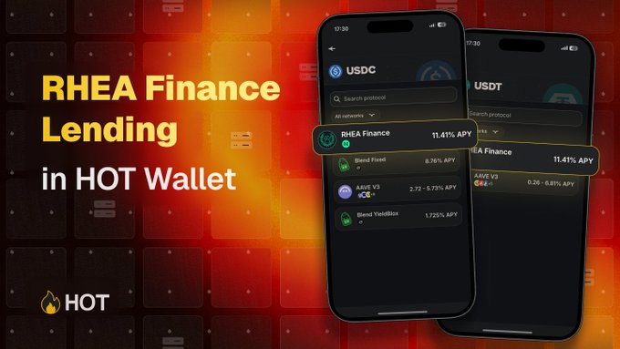 iphones display a red and orange gradient background, with text promoting RHEA Finance Lending in Hot Wallet.