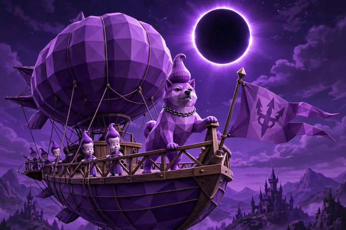 A digital illustration of a low-poly purple dog captain steering an airship filled with gnomes under a solar eclipse.