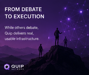 The image features a group of people standing on top of a mountain, with a purple sky behind them. The caption below the photo reads "From Debate To Execution" and "While others debate, Quip delivers real, usable infrastructure." This suggests that the image is promoting the idea of using technology to improve communication and collaboration in business or other areas where people need to work together effectively.