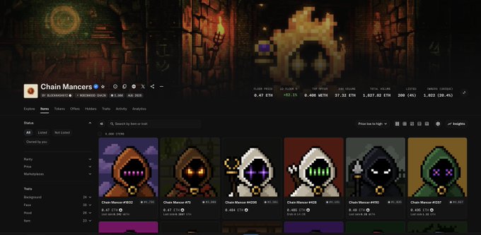 The image shows an OpenSea NFT collection page for "Chain Mancers," featuring a cute green apple-like character with a bite taken out of it, with floor prices around 0.025 ETH for items like #187. This relates to the post's discussion of the Mancer project on the Rhone chain, highlighting the absence of JUP token presence on Ethereum that the author points out.