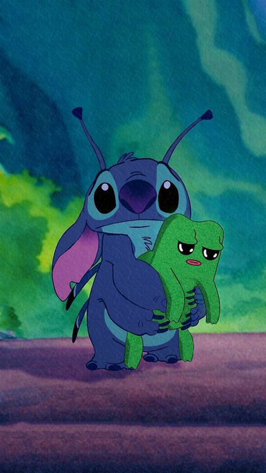 An illustration of Stitch from Lilo & Stitch cuddling a grumpy green frog plush, paired with a bullish post about holding $FWOG for 590 days, with the image's sweet, protective embrace symbolizing the poster's affection for the meme coin.