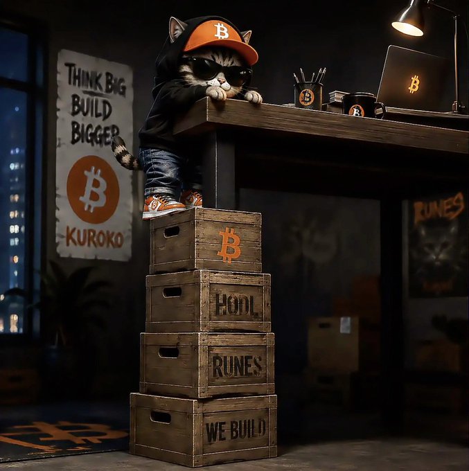 A kitten wearing sunglasses and a Bitcoin cap sits on stacked wooden crates labeled 'B', 'HOOL', 'RUNES', and 'WE BUILD', with a 'Think Big Build Bigger KUROKO' poster nearby.