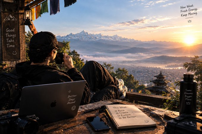 A person takes a photo of a mountain sunrise with a camera while sitting at a desk with a laptop labeled 'Better Days Ahead', a notebook titled 'This Week', and a water bottle inscribed with 'Same Dreams Bigger Plans'.