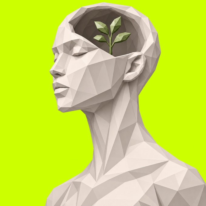 A low-poly 3D rendering of a human head with closed eyes, featuring a green plant sprouting from an open section of the brain, set against a bright green background.