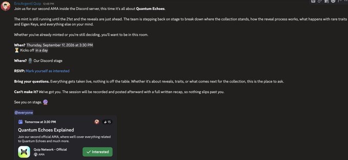 A Discord message from 'EricKage001' announces a second AMA at 'Quantum Echoes' on Thursday, September 17, 2026, with an RSVP and event details visible.