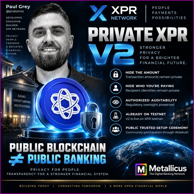 A promotional graphic featuring Paul Grey (@protonnz) of XPR Network announces "Private XPR V2," highlighting upgraded privacy features including hidden transaction amounts, concealed recipient identities, and authorized auditability, with the tagline "Public Blockchain ≠ Public Banking" and branding by Metallicus.