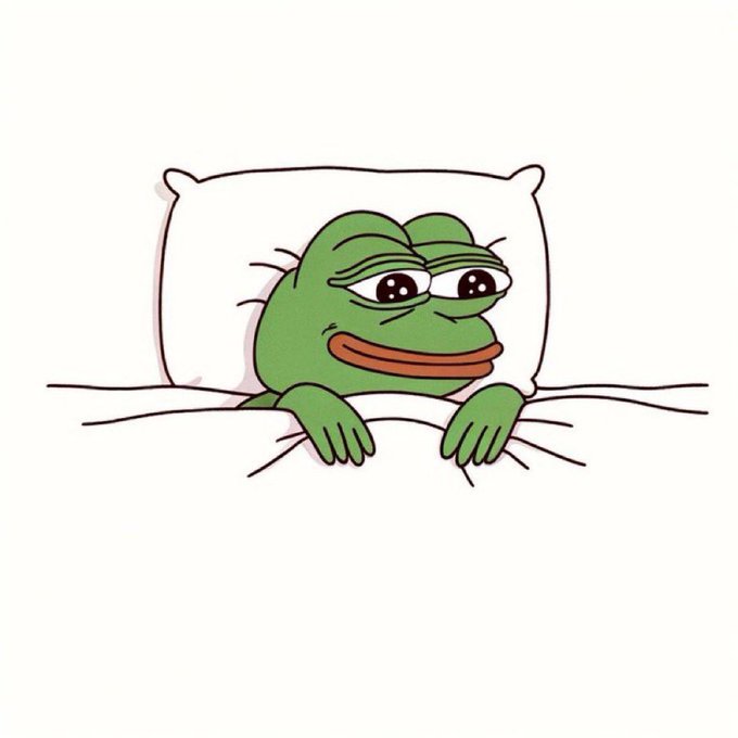 A simple cartoon drawing of the 'Pepe the Frog' meme character lying in bed with a pillow, with a sad/bored expression and hands resting on the blanket.