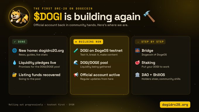 A promotional graphic announces "$DOGI is building again" as the first DRC-20 on Dogecoin, featuring a Doge mascot with a hammer and displaying a three-column roadmap of completed tasks ("DONE"), active projects ("BUILDING NOW" including DOGI on DogeOS testnet and DOGI/DOGE liquidity pool), and upcoming steps ("STEP BY STEP" like Bridge, Staking, and DAO), with the website dogidrc20.org highlighted in yellow at the bottom right.