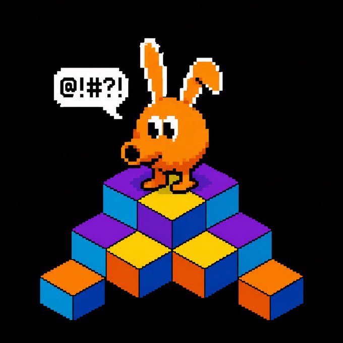 A pixel art orange cartoon rabbit perches atop a colorful 3D pyramid of isometric cubes, with a speech bubble reading "@!#?!", referencing the classic puzzle game **Q*bert**.
