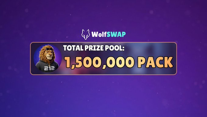 A WolfSWAP promotional graphic featuring a lion avatar and announcing a 'TOTAL PRIZE POOL: 1,500,000 PACK'.