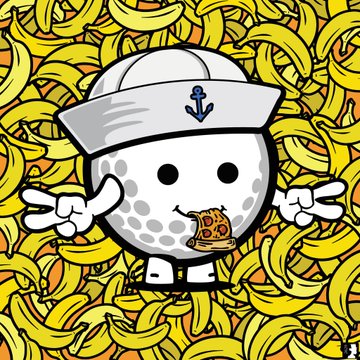 A cartoon illustration features a round character wearing a sailor hat, eating a cookie, surrounded by a background of bananas.