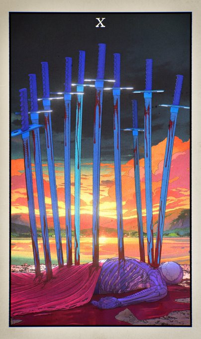 A tarot card labeled "X" depicting the Ten of Swords, showing a figure lying face down with ten swords stabbed into their back against a sunset sky.