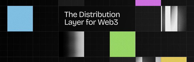 A dark-themed web banner reading "The Distribution Layer for Web3" surrounded by colorful geometric squares in blue, pink, green, yellow, and grayscale patterns.