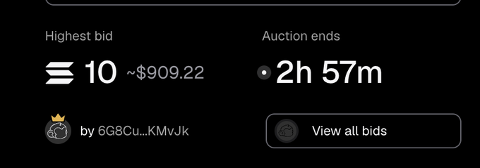 An auction interface showing a highest bid of 10 (~$909.22) by user 6G8Cu...KMvJk with 2h 57m remaining.