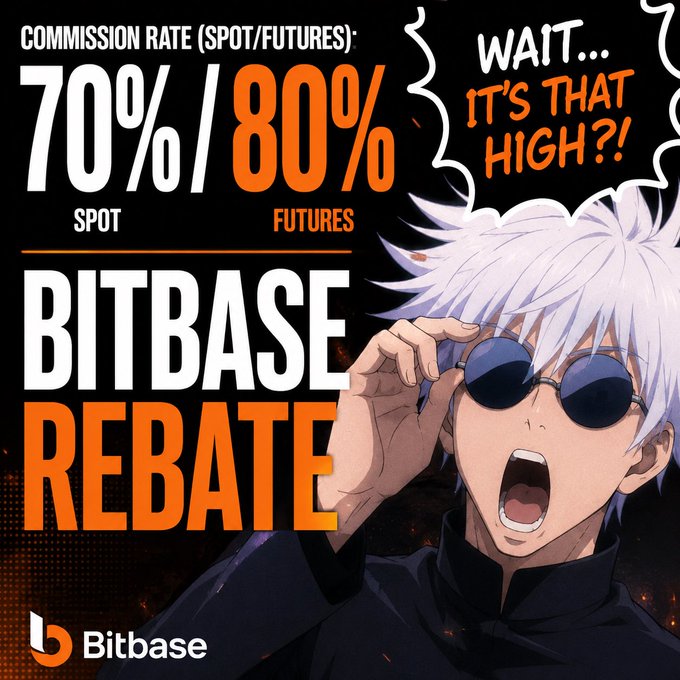 An anime-style promotional graphic for Bitbase Rebate advertising "COMMISSION RATE (SPOT/FUTURES): 70%/80%" with a shocked white-haired character exclaiming "WAIT... IT'S THAT HIGH?!"