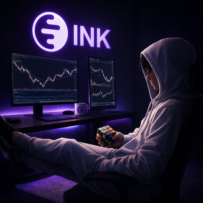 A person in a white hoodie sits with feet up in a dark room lit by purple neon, holding a Rubik's cube in front of dual monitors displaying trading charts beneath a glowing 'INK' logo.