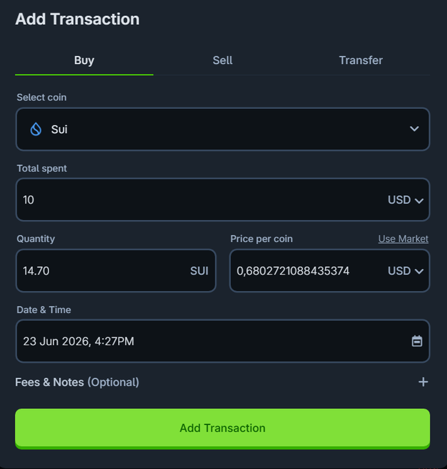 The image shows a computer screen displaying an information panel about buying or selling trading cryptocurrencies such as Sui, using a green color scheme that stands out against the black background of the screen. The panel includes details like the total amount spent, purchase price per coin, and date when these transactions took place. It is also suggested to add another transaction once the user is done with this one for efficiency purposes in the context of trading Sui or other cryptocurrencies.