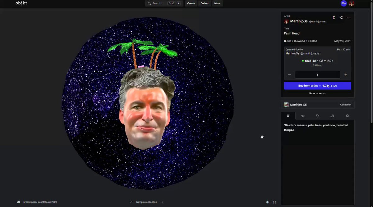 The image shows a computer screen with an animated picture of a man's head, which appears to be wearing a hat or a crown. The background of the image features a blue sky filled with stars, giving the impression that the man is standing under a starry night sky. The caption on the post reads "My entry for #proofofpalm2026 Palm Head - 4.20 XTZ".