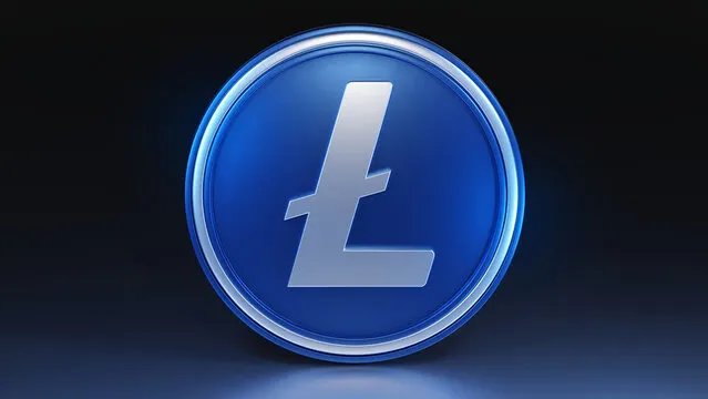 A glowing blue circular emblem featuring the Litecoin (Ł) cryptocurrency logo set against a dark background.