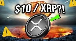 A dramatic image shows a large explosion behind the XRP (X) logo with bold text reading "$10 / XRP?!" and warning/rocket emojis, visually amplifying the post's bullish claim that XRP will skyrocket to $10 alongside a promo for the new #XPUMP memecoin.