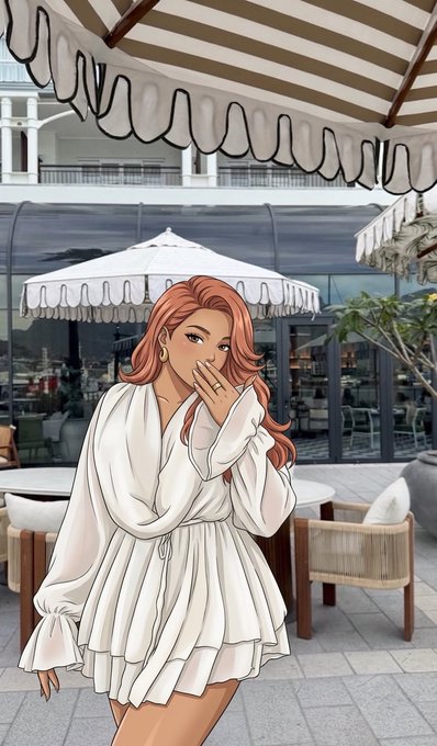 An illustration of a red-haired anime girl in a white dress covering her mouth with her hand, standing at an outdoor cafe patio.