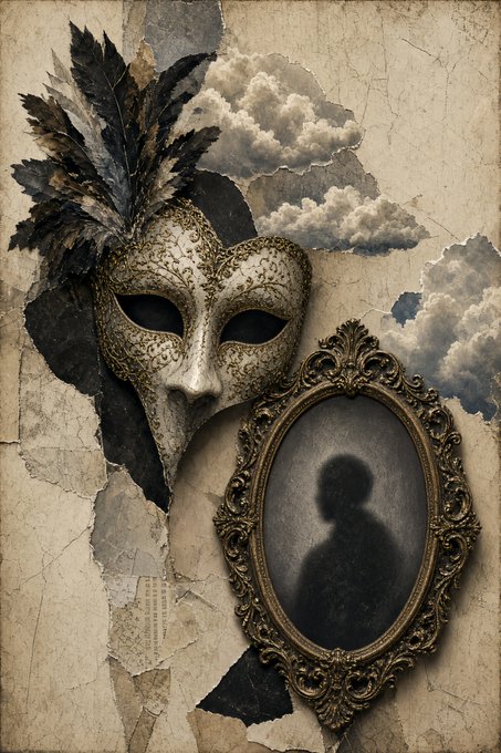 An artistic collage featuring a decorated Venetian-style mask with feathers next to an ornate empty picture frame against a cracked, cloudy background.